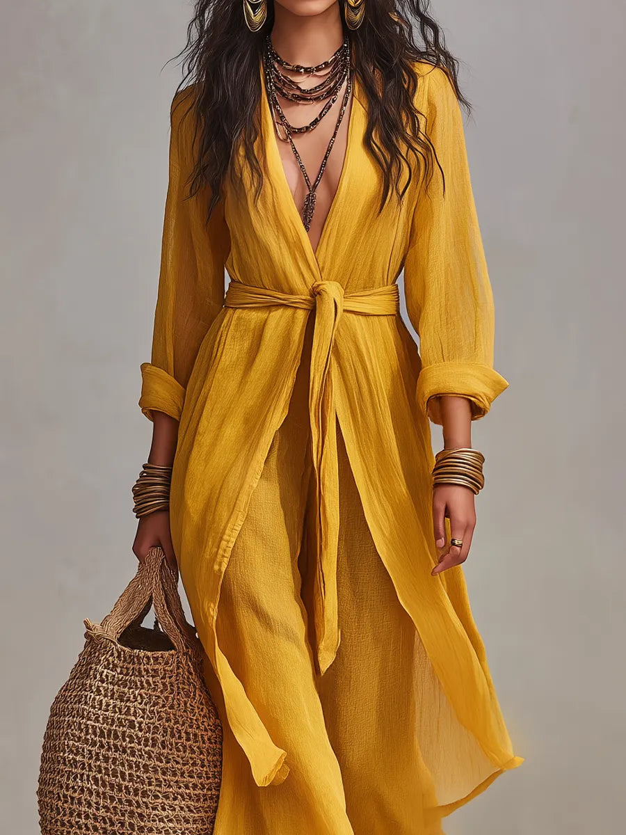 Elegant Mustard Tie-Front Pant Set