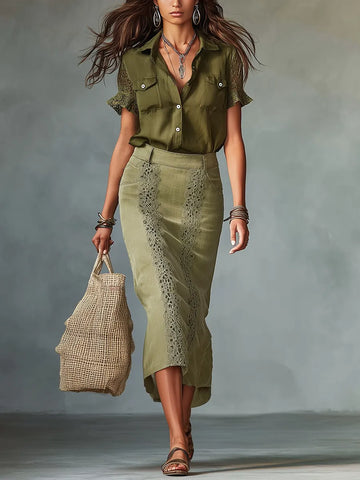 Refined Olive Lace-Trim Shirt & Midi Skirt Set