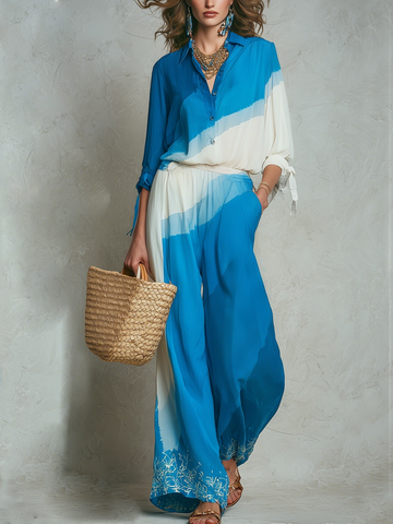 Casual Blue And White Gradient Shirt And Wide Leg Pants Suit