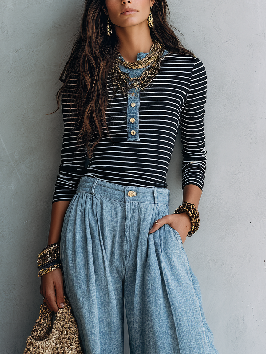 Modern Bohemian Henley Stripe Tee & Chambray Wide Leg Pants Set