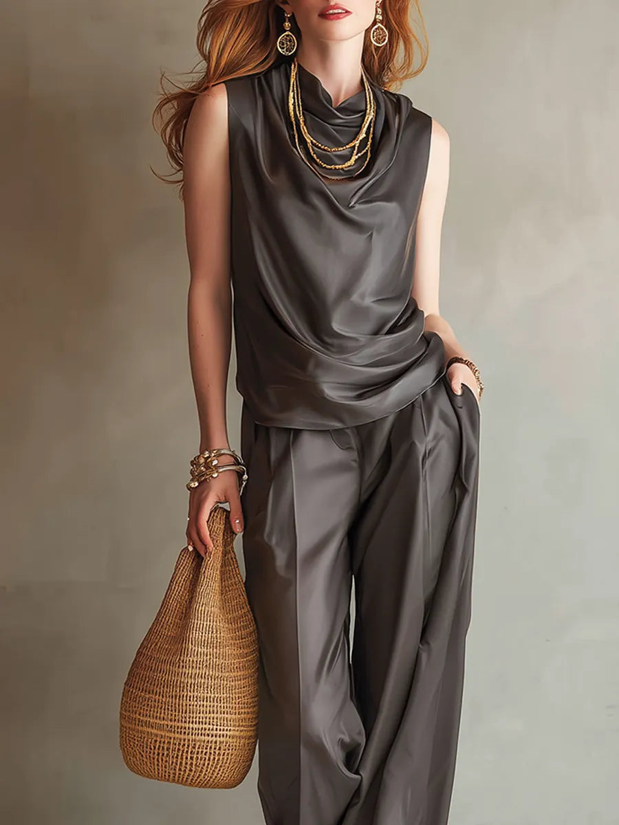 Minimalist Charcoal Gray Satin Drape Neck Sleeveless Wide-Leg Suit