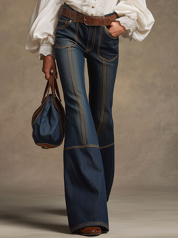 Retro Brown Double-stitched Navy Jeans
