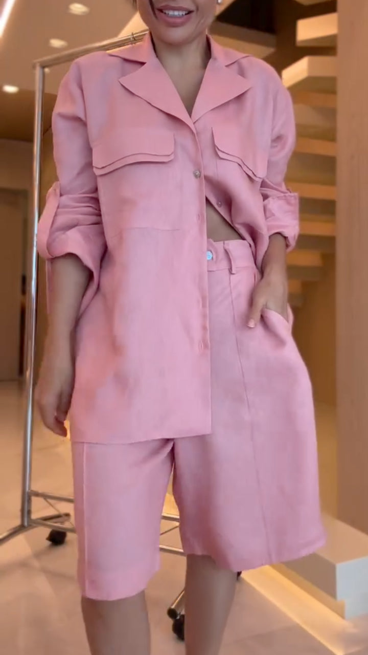 Women's Collared Cotton Linen Casual Suit