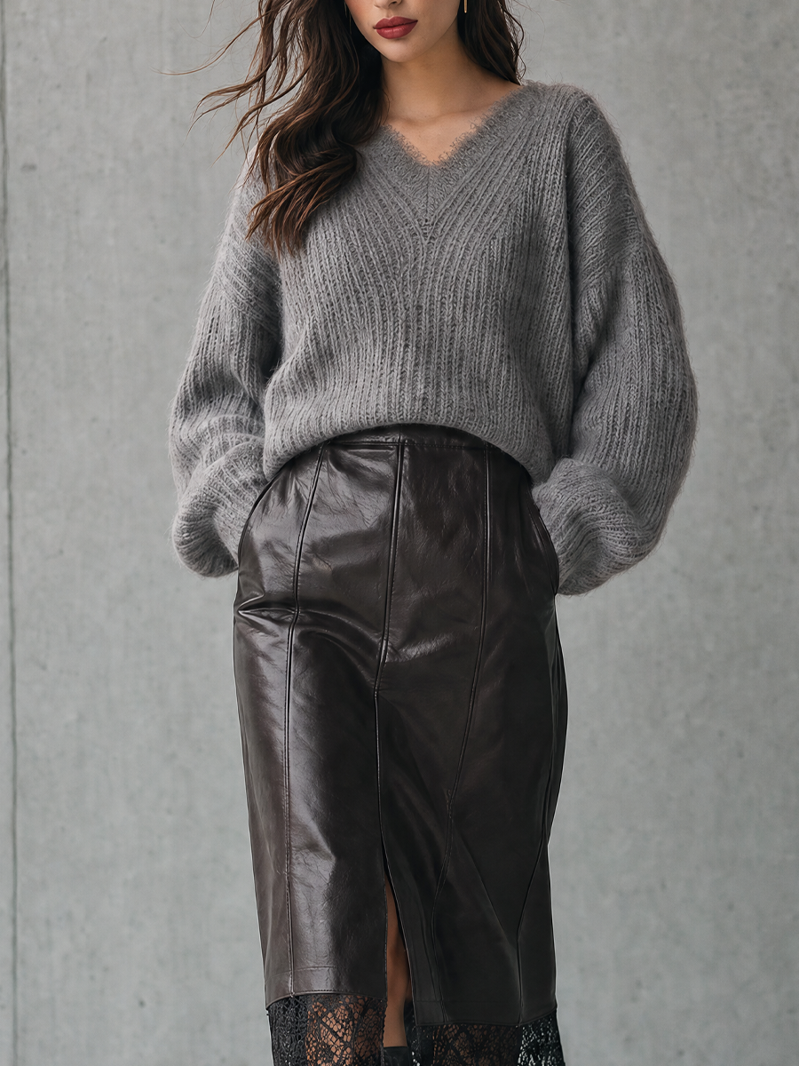 Effortless Chic Slouchy Sweater & Faux Leather Midi Skirt Outfit
