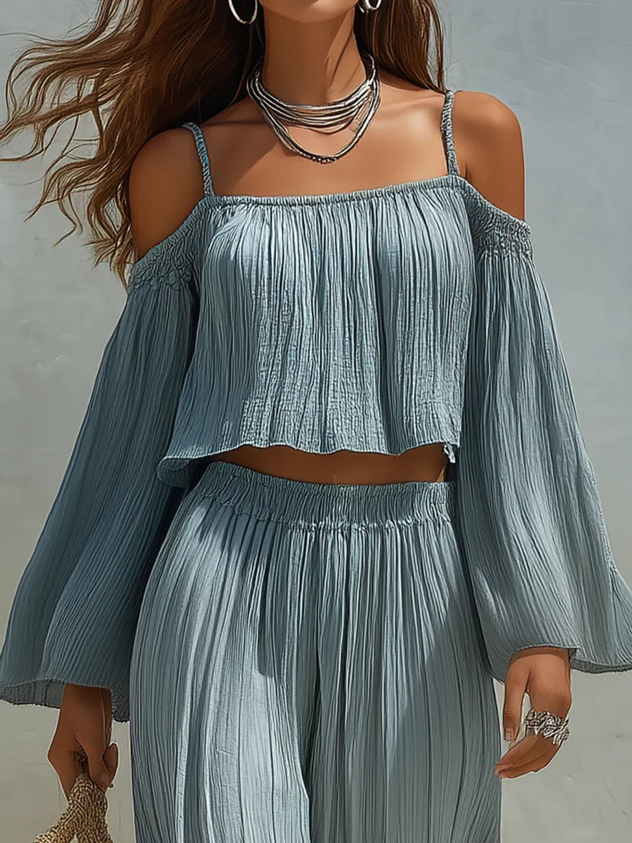 Breezy Cold-Shoulder Top & Wide-Leg Pants Set