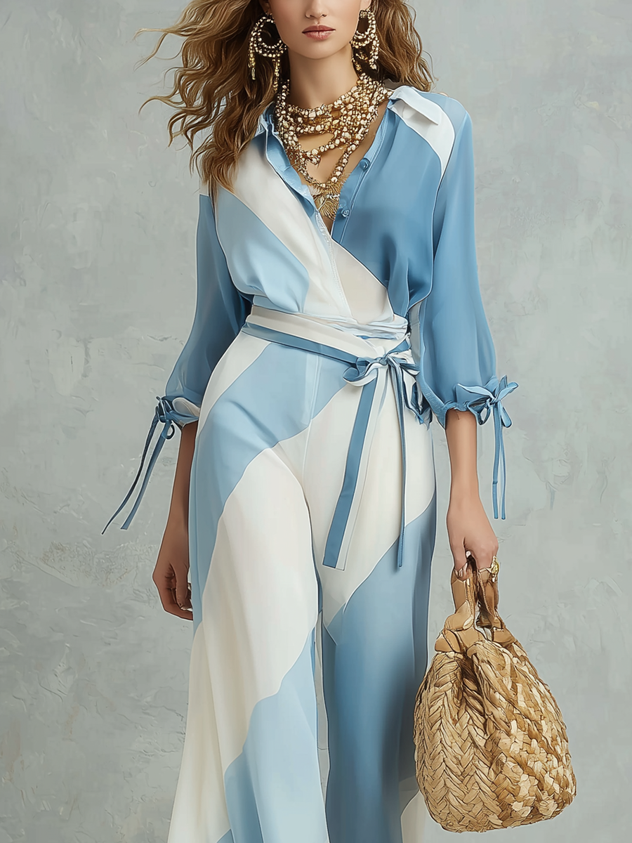 Geometric Aesthetic Blue And White Patchwork Lace Up Set