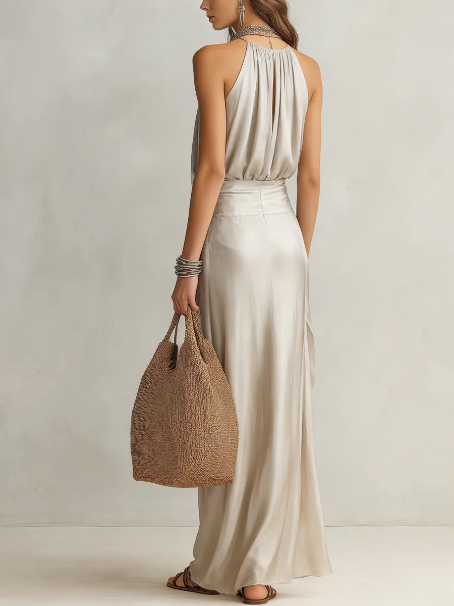 Resort-ready Silver Satin Halter Neck Long Dress