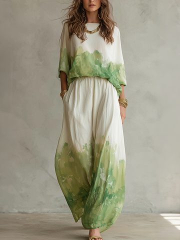 Watercolor Print Wide-Leg Pants Set