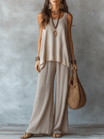 Effortless Boho Sleeveless Textured Top & Wide-Leg Pants Set