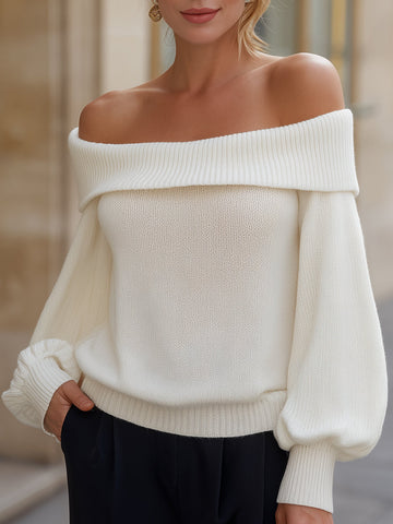 Off-Shoulder Knit Sweater With Folded Collar