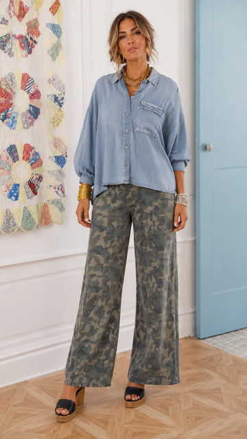 Denim Cropped Shirt & Camo Wide Leg Pants Set