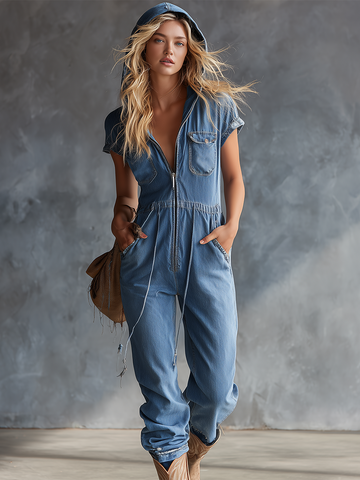 Western Hooded Zip-front Drawstring Denim Jumpsuit
