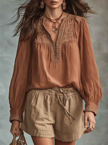 Vintage Embroidered Bohemian Peasant Blouse And Shorts Set