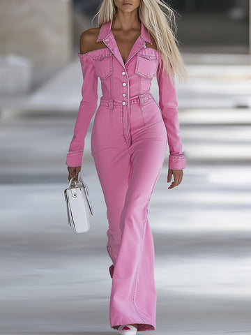 Fashionable Personalized Lapel Pink Denim Off-the-shoulder Long-sleeved Flared Jumpsuit
