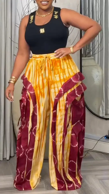 Tie‐Dye Patchwork Ruffled Wide Leg Palazzo Pants For Women