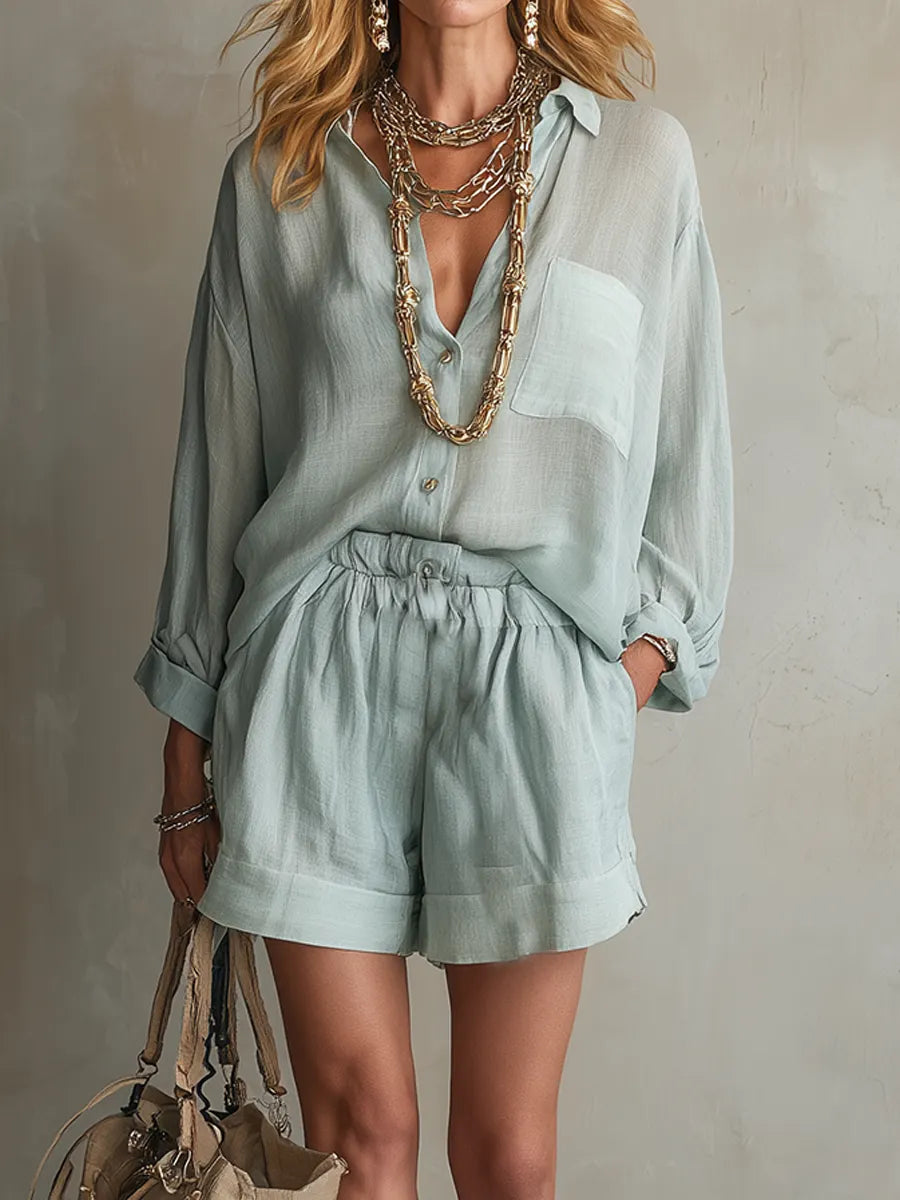 Sage Linen Relaxed Shirt Drawstring Shorts Set