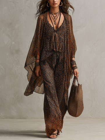 Bohemian Leopard Print Flowing Kaftan Set