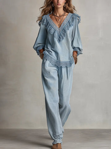 Bohemian Blue Lace Corduroy Suit