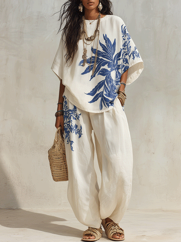 Resort Chic Linen Botanical-Print Wide-Leg Blue & White Loungewear Set