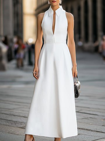 Tailored Sleeveless Collared Deep V A-Line Midi Dress