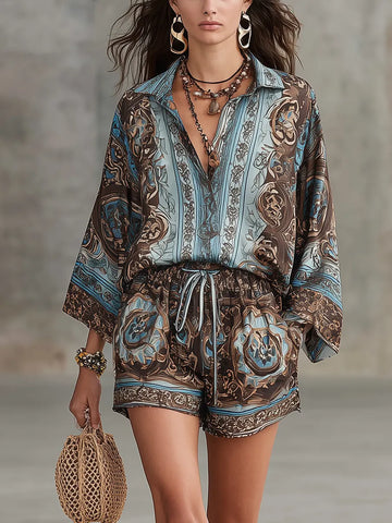 Bohemian Blue-brown Printed Bell Sleeve Top And Shorts Set