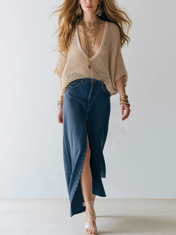 Bohemian Beige Knit Top And Denim Skirt Set