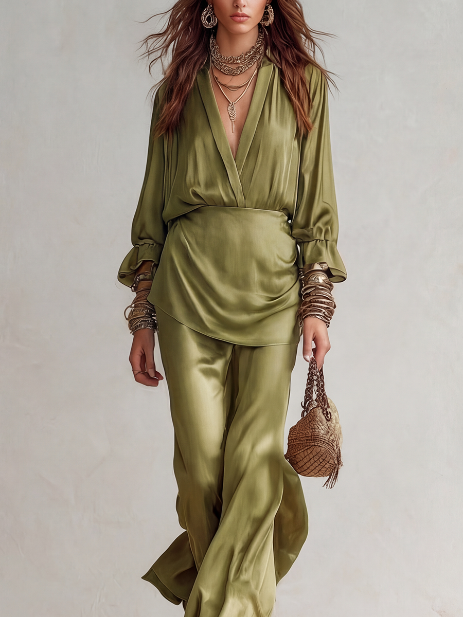 Bohemian Style Olive Green V Neck Fitted Suit