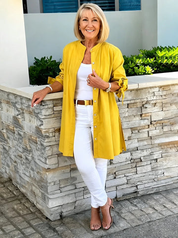Solid Color Long Cotton Shirt Flattering Gathered Yolk At The Back