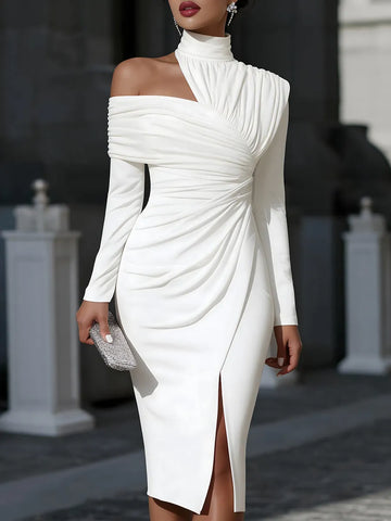 Asymmetric Draped High-Neck One-Shoulder Evening Dress