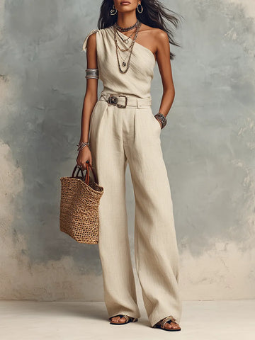 Ivory One-Shoulder Linen Top & Wide-Leg Pants Set – Minimal Resort Elegance Trouser Suit