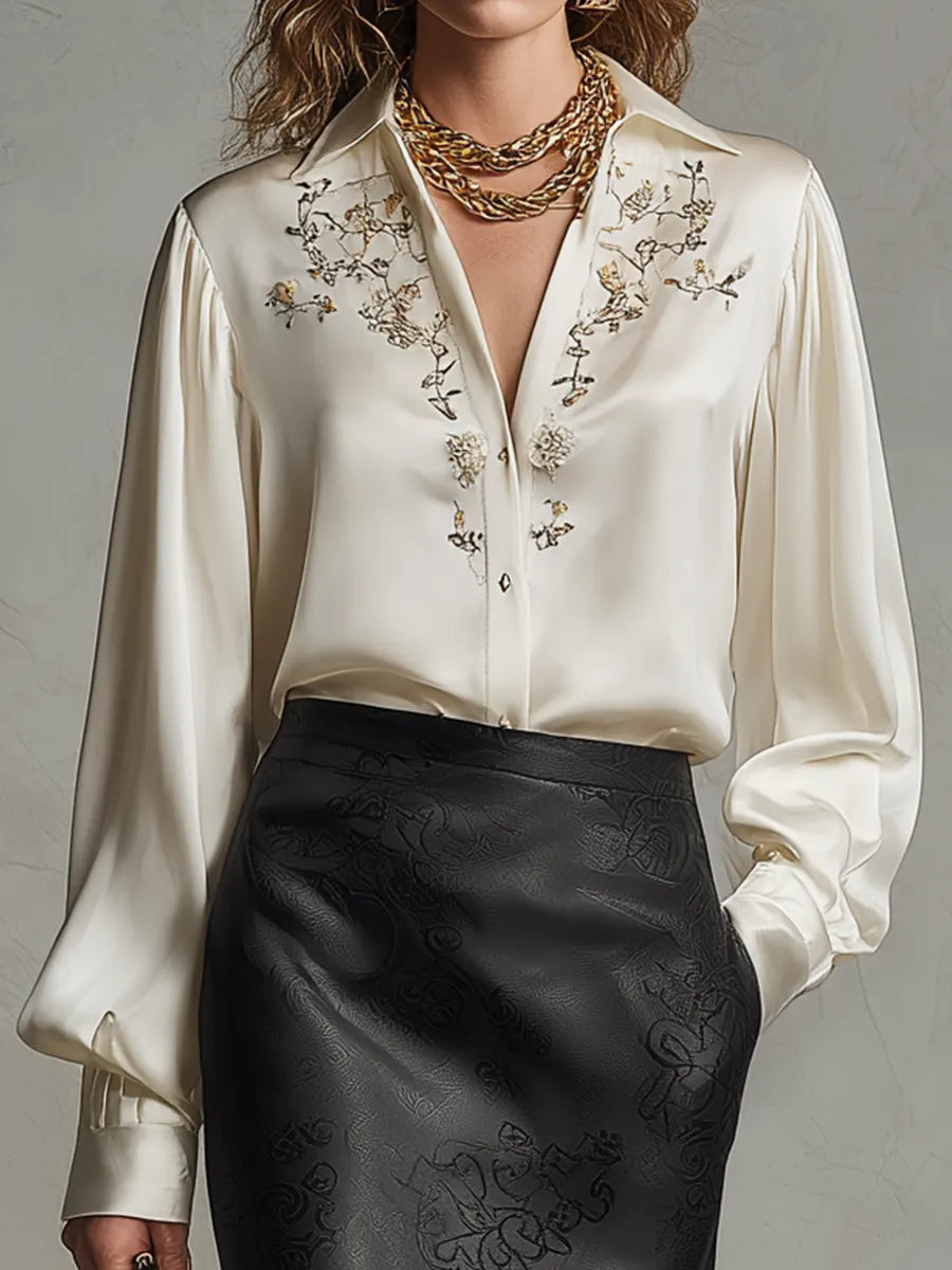 Luxe Cream Satin Embellished Blouse & Black Jacquard Midi Skirt Set