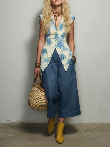 Artistic Resort Floral Vest & Cropped Wide Leg Pants Set