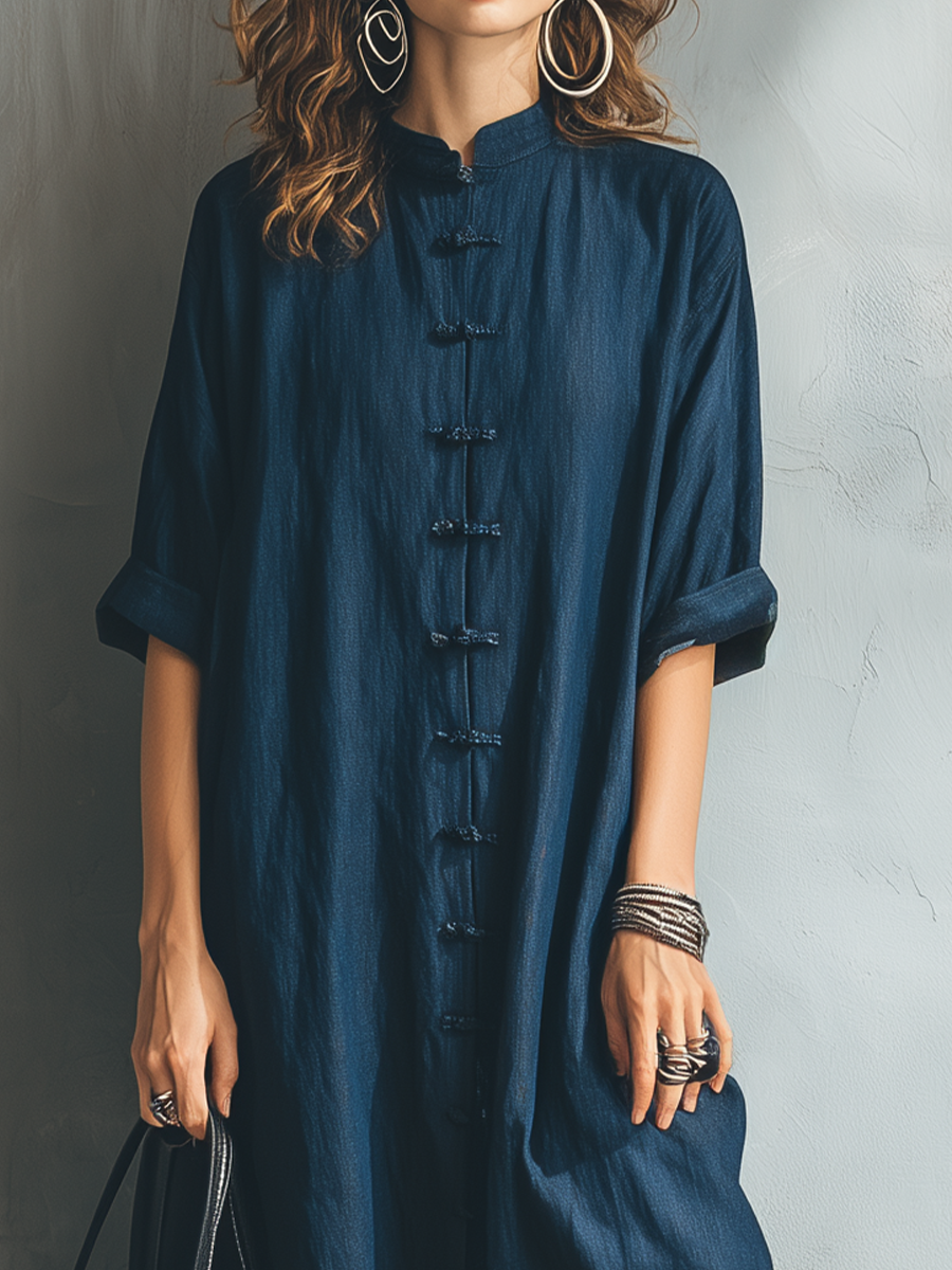 Cultural Frog-Button Mandarin Collar Linen Tunic Set