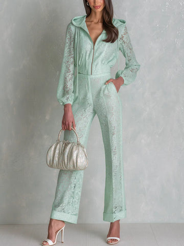 Romantic Mint Green Lace Hooded Wide Leg Set