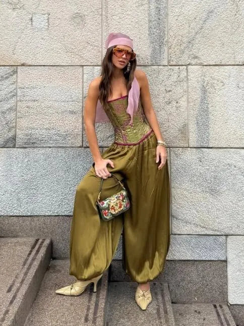 Brocade Corset & Satin Harem Pants Set