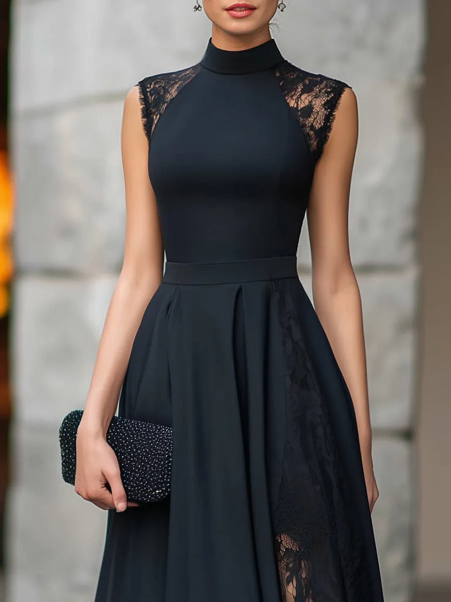 High Neck Lace Panel A-Line Maxi Dress