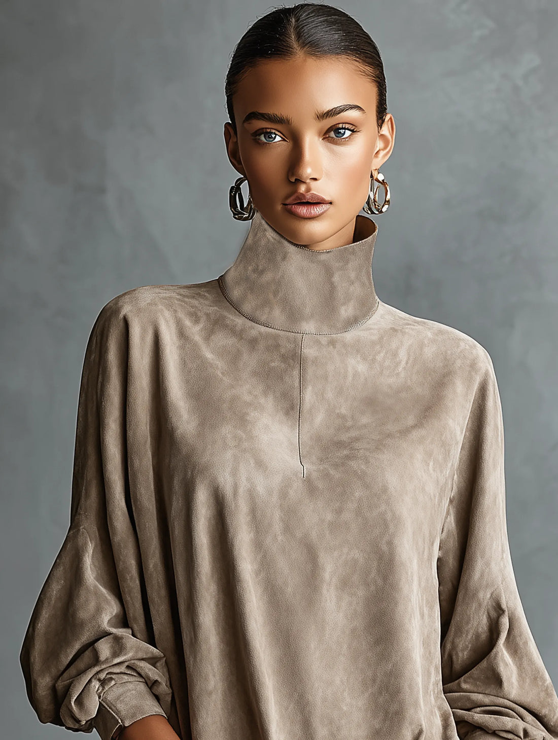 Women's Minimalist Loose-fitting Faux Suede High-neck Mini Dress MDA2423K1Y
