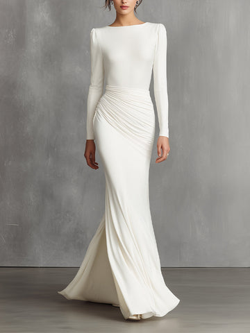 Women's White Elegant Satin Ruched Mermaid Maxi Dress MDA0910I5I