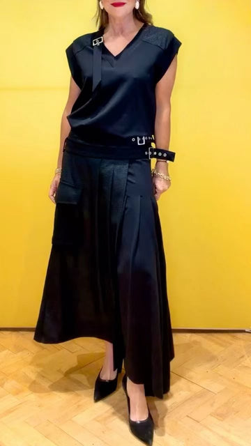 Black Satin Patchwork Buckle Decor Irregular Asymmetrical Skirt Two Piece Set