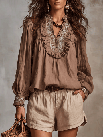 Refined Ruffle-Trim Embroidered Blouse Relaxed Linen Blend Tailored Shorts