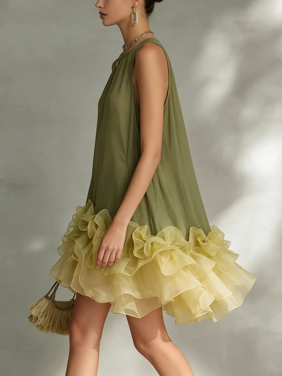 Color-block Chiffon Sleeveless A-line Dress With Ruffled Hem