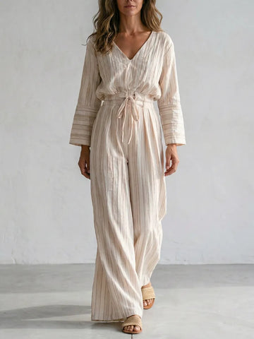 Boho Cotton Drawstring Waist Wide Leg Palazzo Jumpsuit