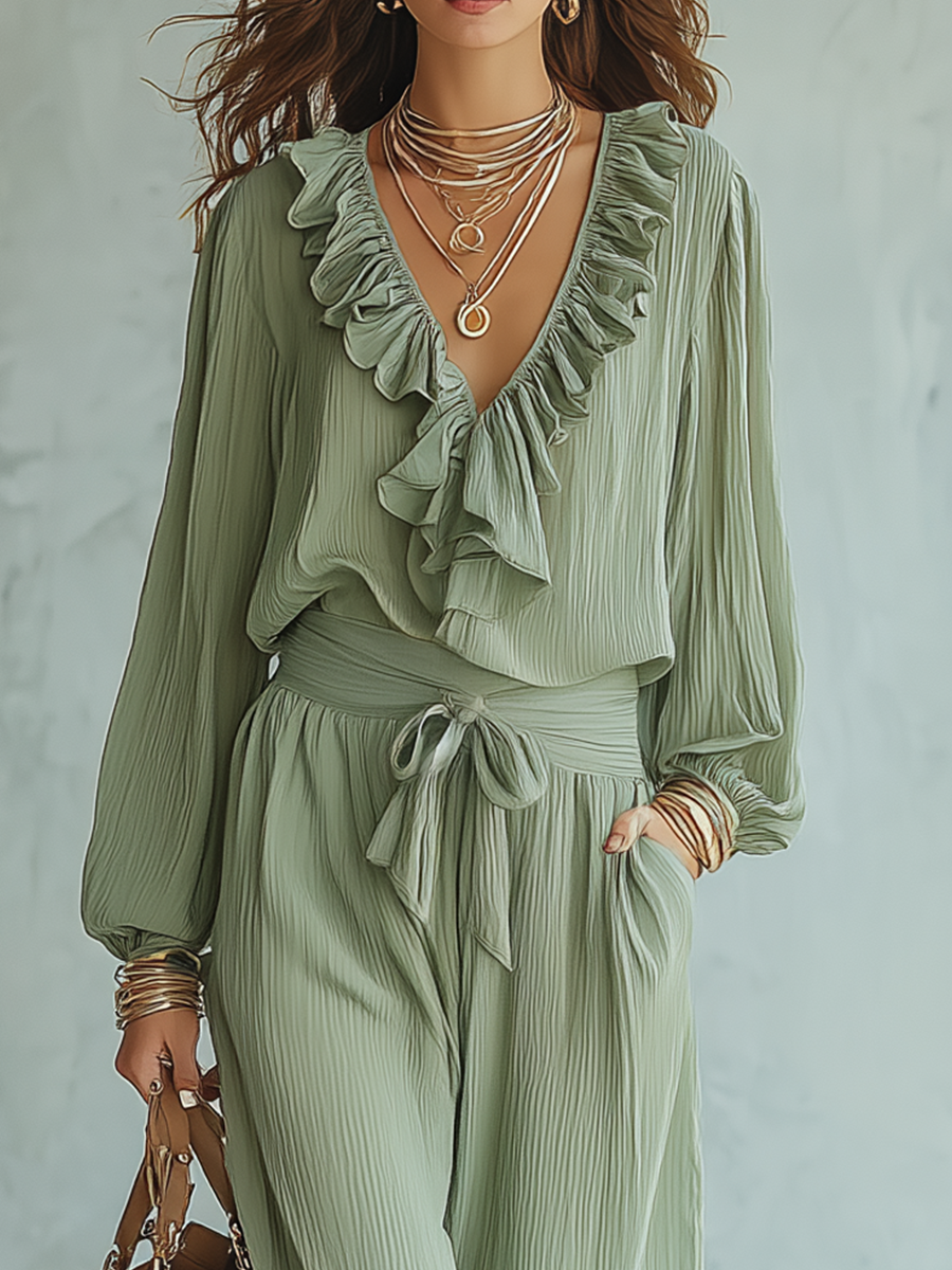Ethereal Ruffled V-Neck Belted Wide-Leg Set