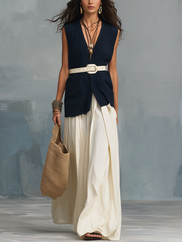 Minimal Midnight Navy Belted Sleeveless Top & Skirt Set