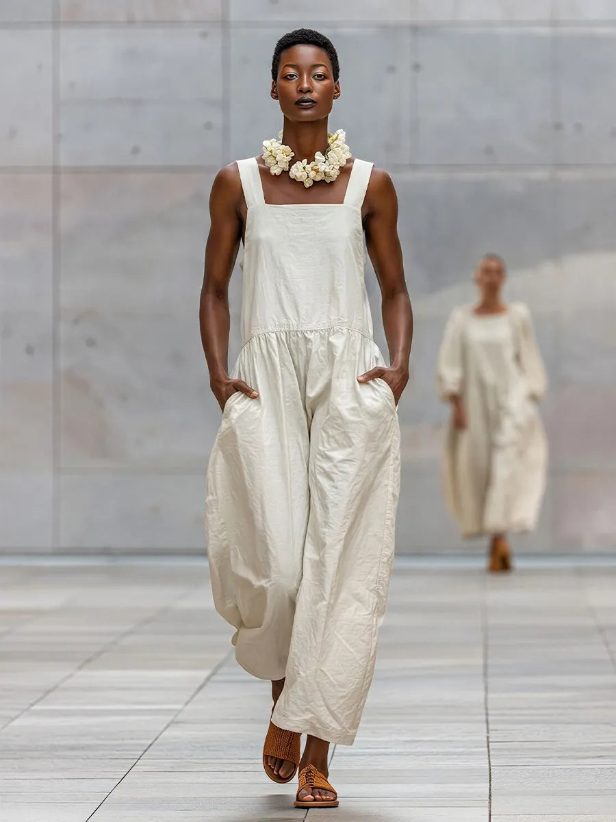 Women's Off-White Cotton-Blend Wide-Leg Jumpsuit With Square Neck & Pockets, Timeless Minimalist Loungewear MDZ2509D1LYL