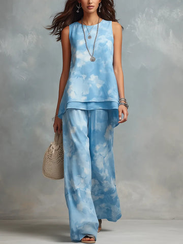Relaxed Cloud Blue Printed Two-Piece Set