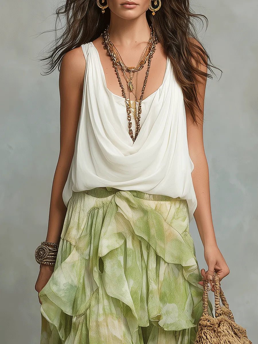 Chic Ivory Draped Top & Green Ruffle Maxi Skirt Set