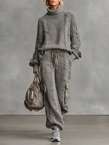 Women's Casual Cable Knit Turtleneck Sweater Cargo Pants Set MDA0958I2Y