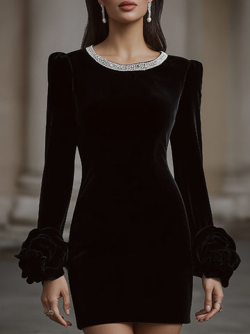 Elegant Velvet Mini Dress With Embellished Neckline And Floral Cuff Detail