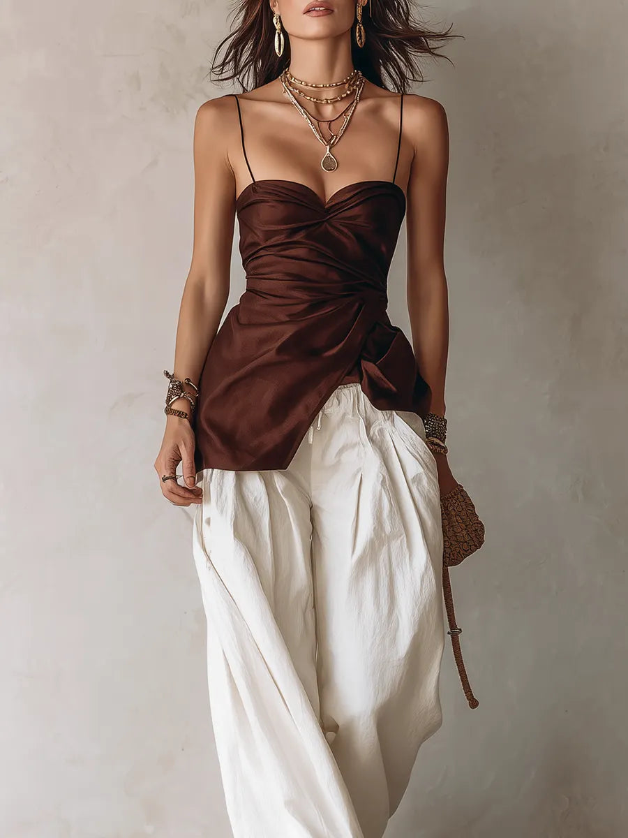Bohemian Style Satin Twist Knot Brown Camisole Top And Linen Off White Wide Leg Pants